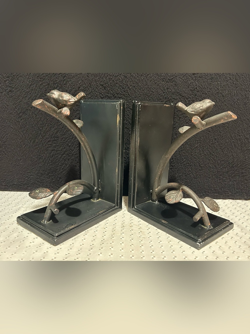 Antiqued Birds on a Branch Metal Set of Bookends Black Bookends